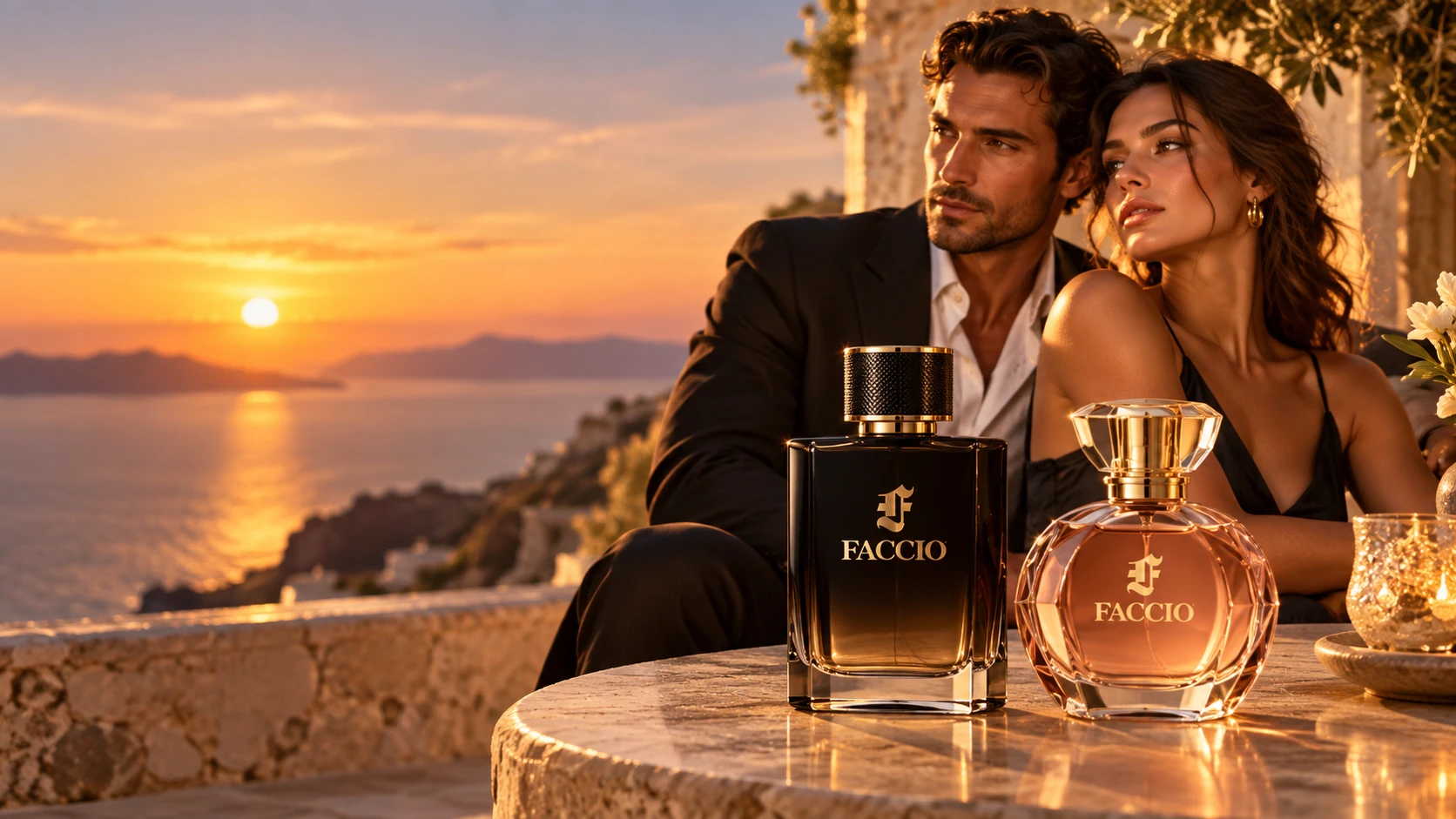 Faccio fragrance campaign with a man and woman overlooking the sea at sunset.