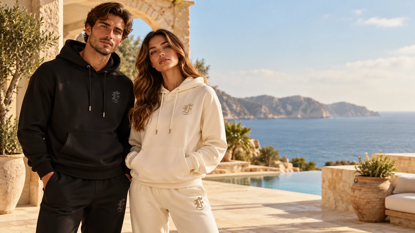 Faccio man and woman in black and ivory signature hoodies at a coastal villa.