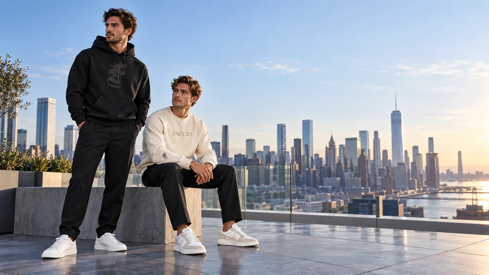 Two Faccio men in black and ivory citywear overlooking the skyline.